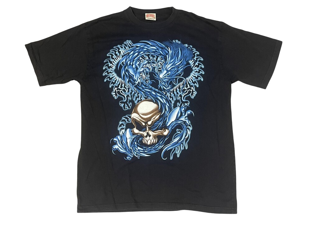 Michael Shirt Mens XL Black Blue Dragon Skull Fantasy Graphic Tee Double Sided